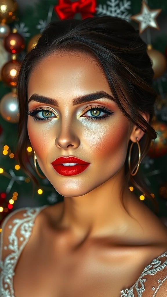 A festive Christmas makeup look with bold red lips and shimmering eyeshadow against a holiday-themed backdrop.